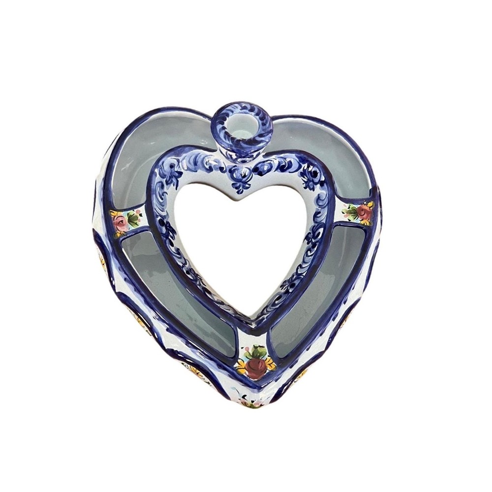 Vintage Vestal Alcobaca Portugal Hand Painted Heart Flower Arranger Candleholder